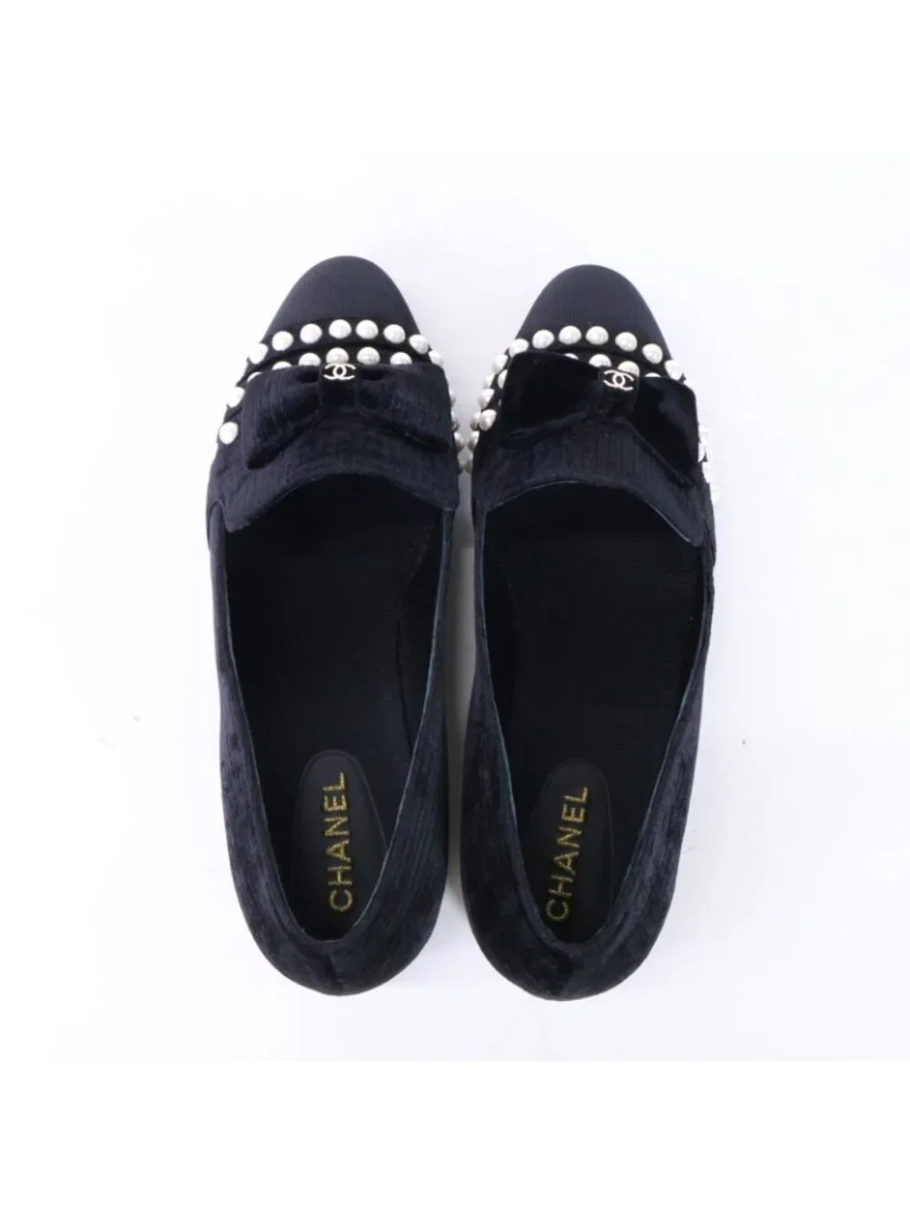Chanel CC Logo Faux Pearl Ribbon Velvet Opera Shoes 39.5C